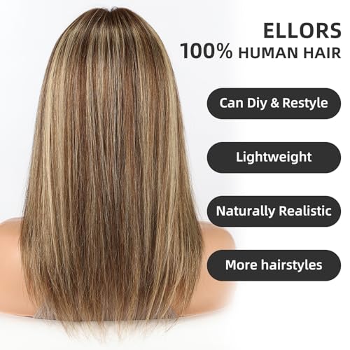 Image of 16 Inch Brown Mixed Blonde Human Hair Wig, Human Hair Wig With Bangs, Real Hair Wigs For Women, real human hair wigs