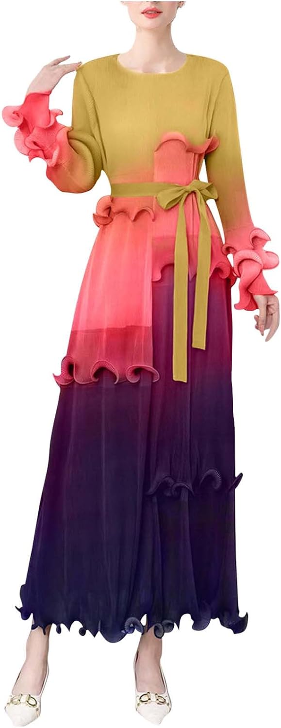 FZYLQY Womens Gradient Ruffle Maxi Dress Long Sleeve Elegant Belted Pleated Ombre Dress Flowy Chiffon Party Evening Gown