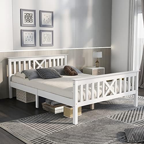HOOSENG Wooden Double Bed Frame, 4FT6 Double Bed Frame with Headboard and Footboard, White Wooden Bed Frame Guest Bed for Adults, Kids, Teenagers 201 x 143.5 x 82.5 CM