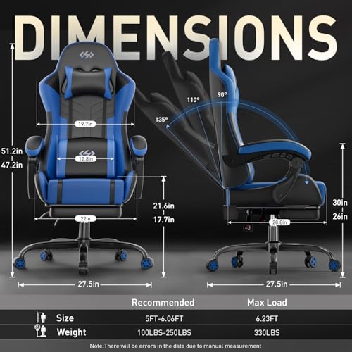 Image of HLDIRECT Gaming Chair, Ergonomic Video Game Seat with 360 Swivel & Lumbar Massage, Computer Chair PU Leather Cushion for Adults Home /Office Use (Black & Blue)