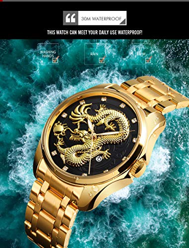 Image of Men Luxury Gold Chinese Dragon Carved Dial Diamond Quartz Watch Casual Waterproof Sport Stainless Steel Wristwatch