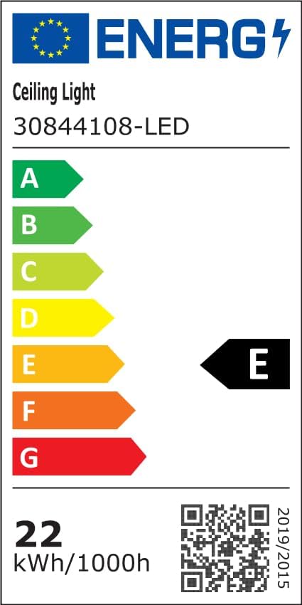 EU Energy Label for Ceiling Light model 30844108-LED, showing an energy efficiency class of E and 22 kWh/1000h consumption.