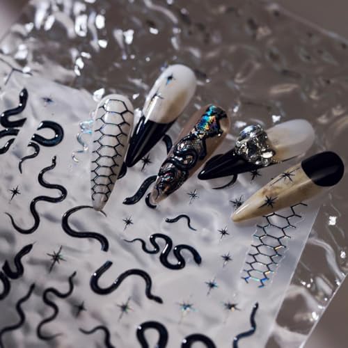 Snake Nail Stickers 5D Embossed Halloween Nail Art Stickers Black Snake Nail Decals Self-Adhesive Silver Nail Art Sticker for Women Girls Acrylic Nails Manicure Supplies