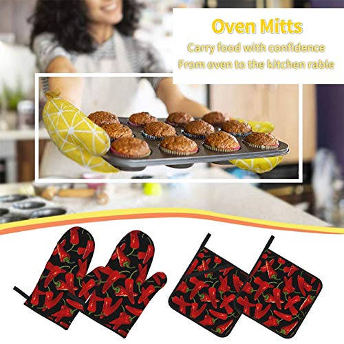 Msacrh Chili Peppers Chili Oven Mitts And Pot Holders Sets Of 4,Resistant Hot Pads With Polyester Non-Slip Bbq Gloves For Kitchen,Cooking,Baking,Grilling #TOP5