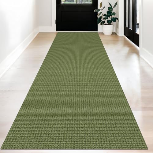 KOZYFLY Long Runners for Hallways 3x12 ft Washable Kitchen Runner Non Slip Rubber Backed Hallway Rugs Cotton Entryway Runner Rug Floor Carpet for Indoor Hall, Kitchen, Olive Green/Earthy Green