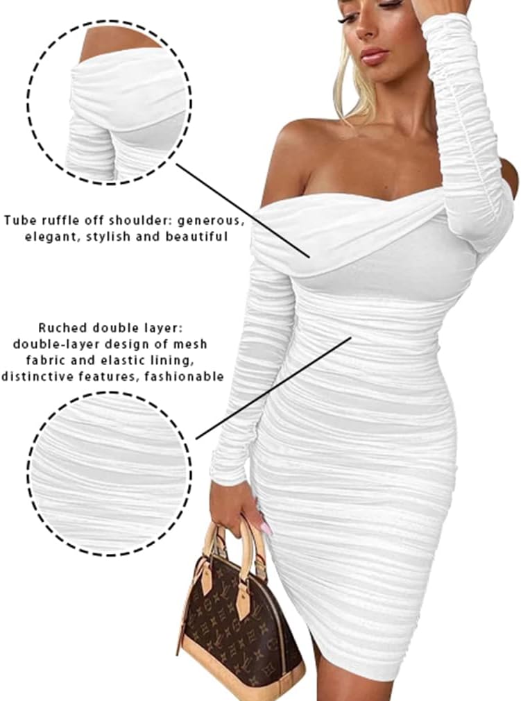 GOKATOSAU Women's Sexy Elegant Ruffle Long Sleeve Off Shoulder Ruched Party Mini Dress - Image 8