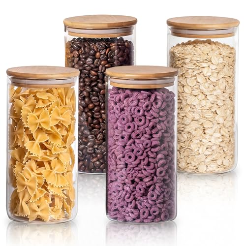 MEETOZ 950ml Set of 4 Glass Jars with Bamboo Lids,High Borosilicate Glass Transparent Airtight Food Storage Tank,Large Capacity Kitchen Food Containers for Spices,Coffee Beans,Oatmeal
