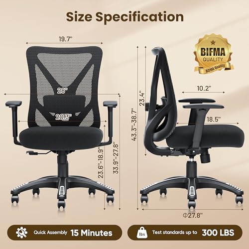 Image of Ergonomic Office Chair, Mesh Computer Desk Chairs with Adjustable Lumbar Support, 3D Armrests, Tilt Function, Comfy Wide Seat, Executive Work Task Chair for Company and Home (Sponge Cushion)