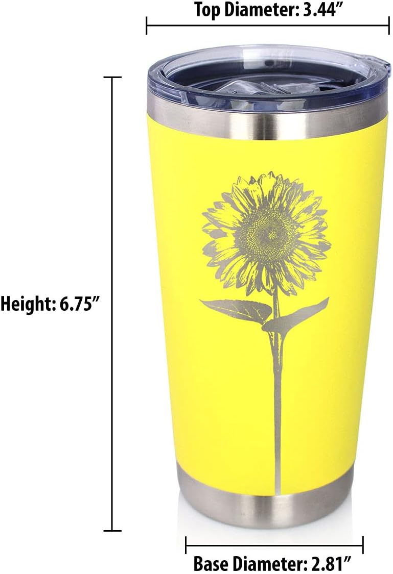 Bevvee Sunflower - Insulated Coffee Tumbler Cup with Sliding Lid - Stainless Steel Insulated Mug - Flower Décor Gifts - Yellow