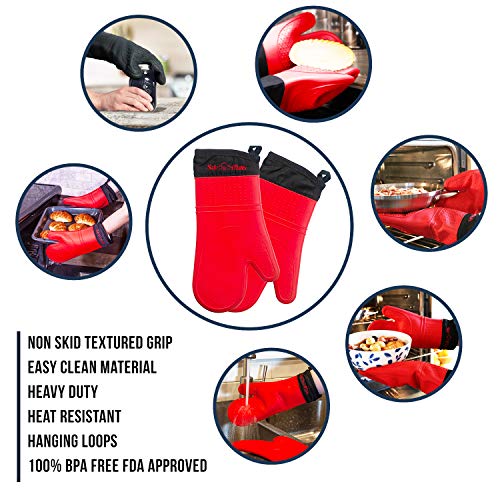 Silicone Oven Mitts Heat Resistant to 500 Degrees - 2 Extra Long Silicone Oven Mitt Pot Holders - Food Safe Silicone Oven Gloves are Water and Steam Proof - (Red) - Frux Sili Mitts - Thumbnail 2