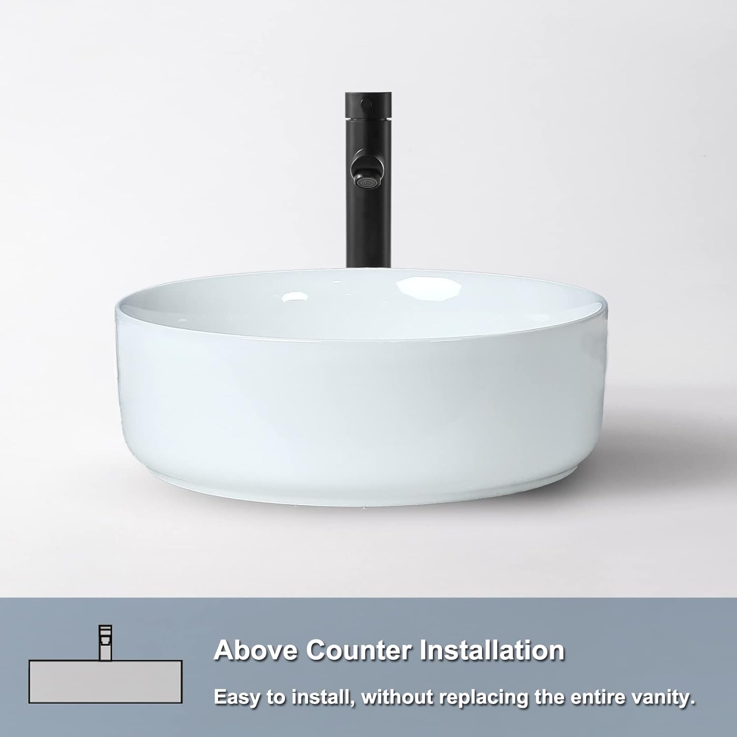 14'' Round White Ceramic Above-Counter Vessel Sink with Pop-Up Drain