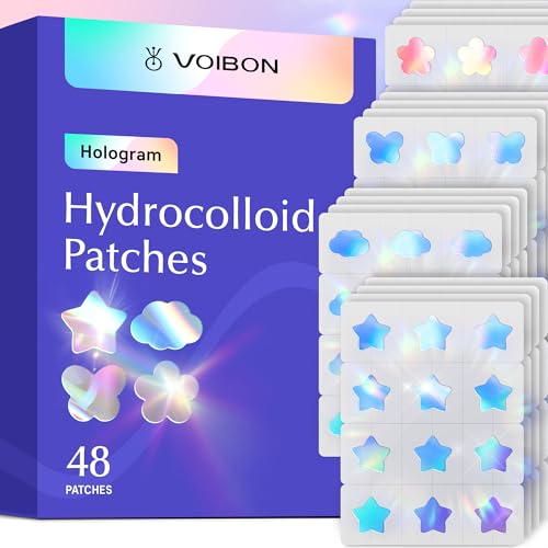 Voibon Hologram Pimple Patches for Face, Cute Hydrocolloid Acne Patches, Salicylic Acid & Tea Tree Colorful Star Spot Stickers,Zits & Blemish,Blue Cloud Butterfly Flower Zit Patches 12MM(48 Count)