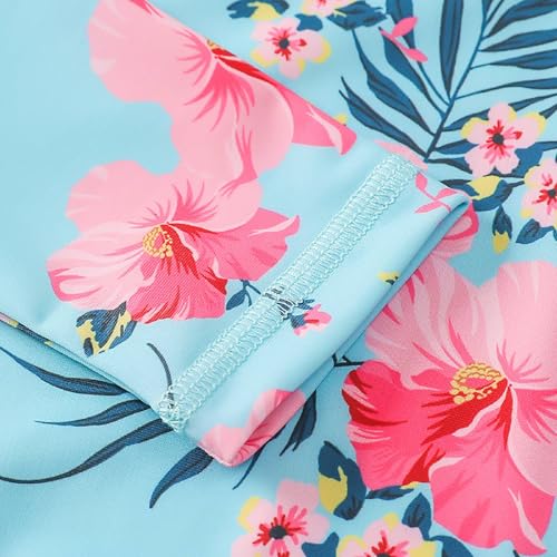 HILEELANG Little Girls Long Sleeve Rash Guard Swimsuit Sun Protection Light Blue Floral Half Zip One Piece Swimwear Bathing Suit 7-8 Years