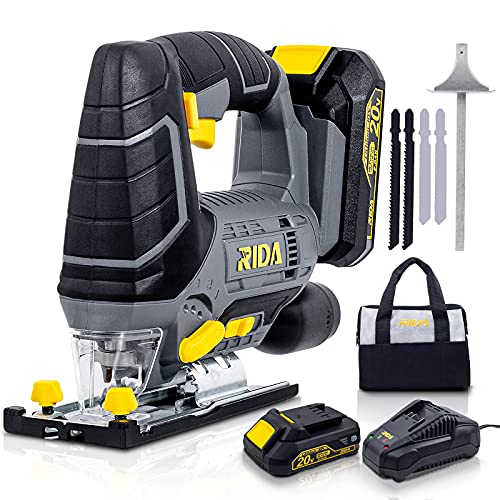 One-Day Sale: Up to 50% Off Jigsaw, RIDA 20V Cordless Jigsaw with LED light, 4 Blades, 2000mAh Lithium-ion Battery and 1H Fast Charger, 0-2700SPM Adjustable Speed, 4 Orbital, -45°~45° Bevel Cutting, Aluminum Baseplate