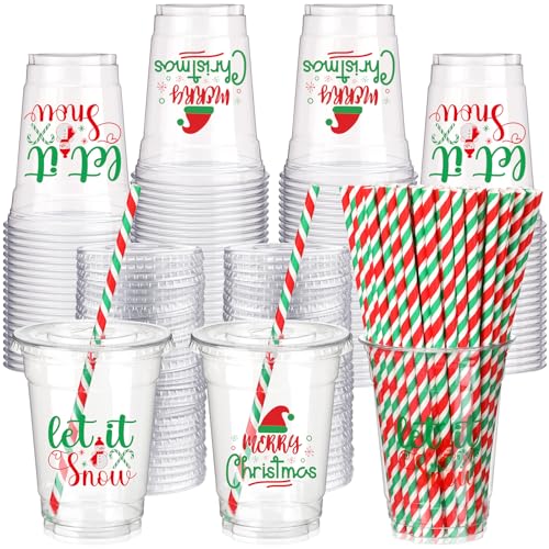 Yaomiao 100 Set 12 oz Christmas Disposable Cups Clear Red and Green Cup
