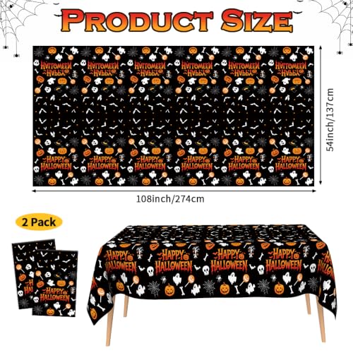 Image of Halloween Tablecloth Party Decorations - 2 PCS Happy Halloween Tablecloth Disposable, Plastic Black and Orange Pumpkin Ghost Table Cloth Cover Rectangle for Halloween Party Decor Supplies, 54 inch x 108 inch