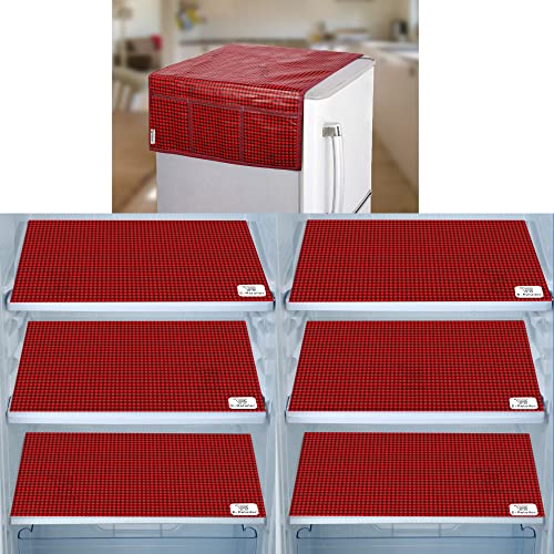 Image of PVC Waterproof 3-Layered Fridge Top Cover /Refrigerator Cover With Utility Pockets and Set of 6 Pc Fridge Mats (Color-Check Red, Size-39x21 Inch)