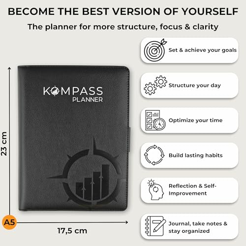 KOMPASS® Daily Planner - Timeboxing | A5 Planner Inserts | 30 Sheets for Structured Daily Planning with Time Blocking | More Productivity & Focus | Bullet Journal & To Do Refill Sheets