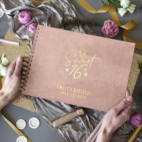 Image of Personalized Quinceanera Guest Book Photo Album - Pink Scrapbook for Sweet 15 or Sweet 16 with Polaroid Instax Corners - Holds 4x6 or 5x7 Pictures - Custom Hardcover Keepsake (Pink, Large - 11.7x8.3)