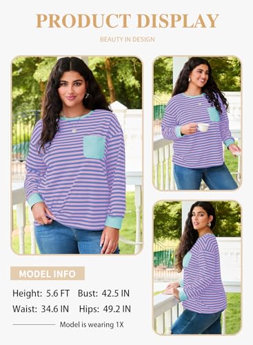 Eytino Women Plus Size Tops Crewneck Long Sleeve Loose Casual Striped Tee Shirts with Pocket(1X-5X)3