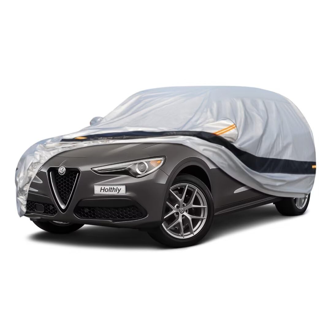 Telo Copriauto per Alfa Romeo Stelvio (2017-2024), 100% Impermeabile Telo Auto. Pioggia, Sole, Polvere e Protezione UV, Telo Copri Auto da Esterno con Fodera in Cotone. Argenteo