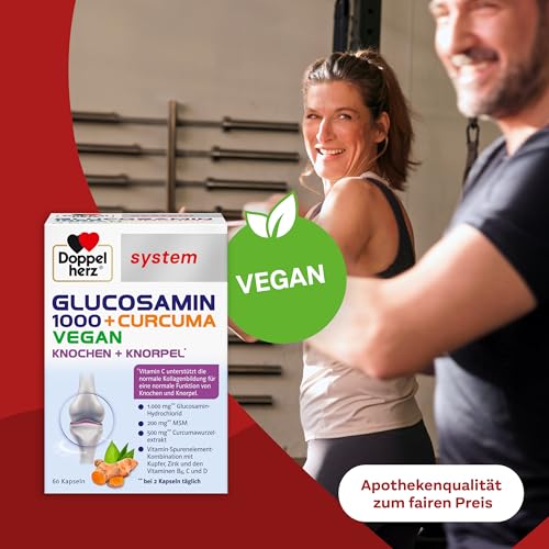 Doppelherz system GLUCOSAMIN 1000 + CURCUMA VEGAN – Vitamin C trägt zur normalen Kollagenbildung für die normale Knorpel- und Knochenfunktion bei – 120 Kapseln