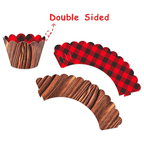 32 Pack Lumberjack Deer Baby Bear Tree Fire Axe Flag Lantern Cupcake Toppers And Plaid Wood Grain Double Sided Cupcake Wrappers For Woodland Party Supplies, Camping Party Decorations #TOP2