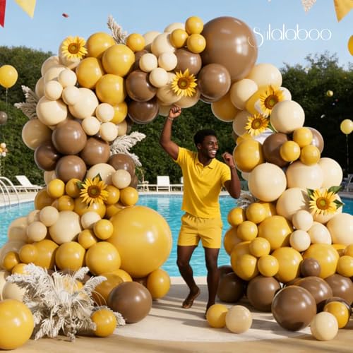 Image of Mustard Yellow Balloons Arch Kit 155Pcs Sand Brown 18 10 5 Inch | Yellow White Ivory Different Sizes Mustard Latex Balloon Garland for Birthday Anniversary Sunflower Bee Party Decorations