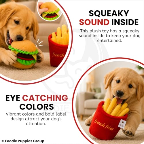 Image of Foodie Puppies 3-in-1 Squeaky Plush Dog Toy Combo (Chips, Burger & French Fries) for Small to Medium Dogs | Durable Bite-Resistant Chew Toys with Crinkle Sound | Soft & Safe for Teething