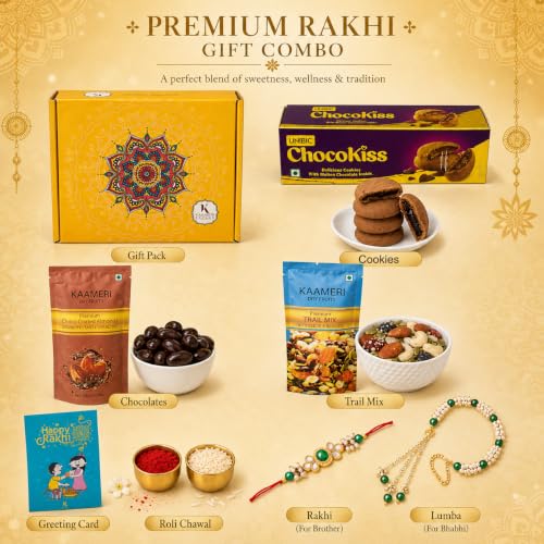 Image of Kaameri Bazaar Premium Rakhi Gift Combo for Brother & Bhabhi with Rakhi, Lumba Bracelet, ChocoKiss Cookies 75g, Trail Mix 35g, Choco Coated Almonds 35g, Roli Chawal, Greeting Card & Gift Box