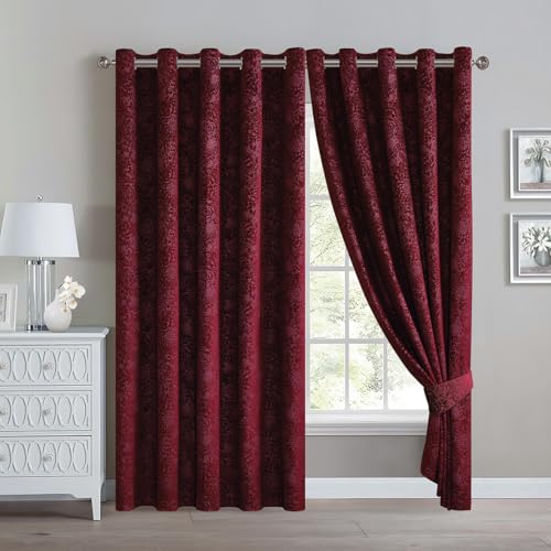 Floral Jacquard Velvet Curtain Pair - Heavyweight and Noise Reducing - Room Darkening Eyelet - Fully Lined for Thermal Insulation - Includes Two Tiebacks (Burgundy, 90" x 90" (228 x 228 cm)) - Image 6
