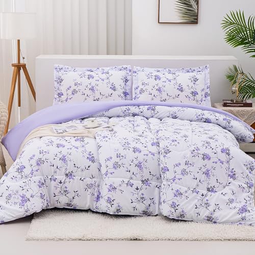 Mooreeke Floral Full Size Comforter Sets Lightweight Purple Lavender Botanical Printed Bedding for All Seasons 3-Piece Vintage Bed in a Bag with Fluffy Quilted Reversible Comforter & 2 Pillow Shams