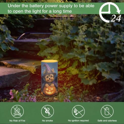 Image of Poceacles LED Flameless Candles Battery Operated Candles with Remote Control Timer Flickering Wick Pillar Tealight for Home Outdoor Halloween Decor, Wizard Hat Yorkie Dog Pumpkin Print