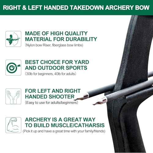 Recurve-Bogen-Set mit 8 Pfeilen, 30-40 lb Bogenschießen-Takedown-Bogen für Rechts- und Linkshänder, Anfänger bis Erwachsene (schwarz, Beidhändig, 30, Pfund)