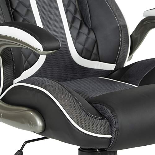 OSP Home Furnishings Xplorer 51 Ergonomic Adjustable High Back Gaming Chair with Lumbar Support and Padded Flip Arms, Black Faux Leather with White Trim - Image 14