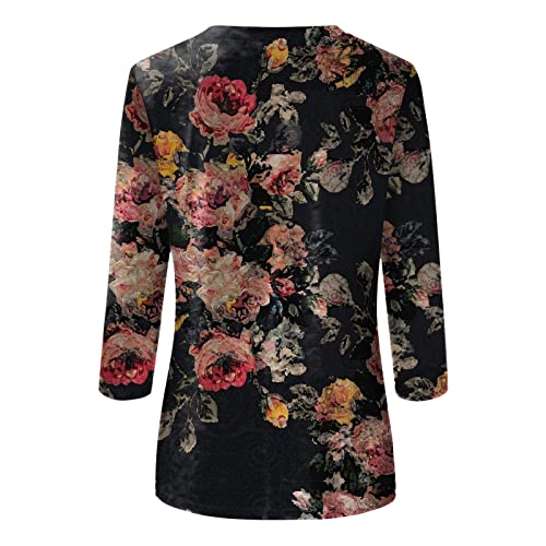 Cchzysko Shirts For Women Women's Plus Size Summer Flower Printed Vacation Blouses Bohemian 3/4 Sleeve Round Neck Pleated Pullover T Shirts 01-Black Xx-Large #TOP2