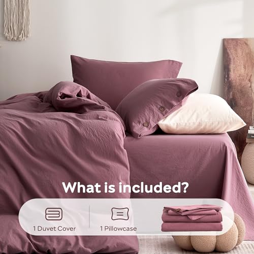 Image of JELLYMONI 100% Washed Cotton Duvet Cover Twin - Soft, Breathable Linen-Look Bedding with Natural Wrinkle Texture, Button Closure, 2-Piece Set (Deep Rose, 68 inchx90 inch)