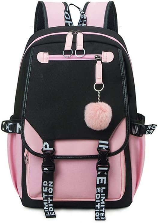 dageraad Backpacks For Teen Girls With USB Port,black cute backpack Can Hold 15.6in Notebook,Tablets.Girls Backpack Can Be Used As Gift for Students Or Friends(Black+Pink)