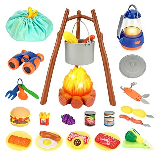 REZUCREY Kids Camping Toys Set, Pretend Play with Campfire, Pretend Cutting Food for Play Kitchen Camping Gear for Kitchen Indoor Outdoor Camping Toys for Kids Toddlers Boys Age 3 4 5 6 7 8+