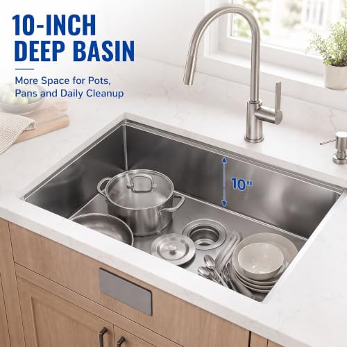 Image of LQS 32 Inch Undermount Kitchen Sink, 32 inch x 19 inch Stainless Steel Kitchen Sink, Undermount Sinks, Handmade Deep Single Bowl Sinks with R10 Round Corner and Abundant Accessories