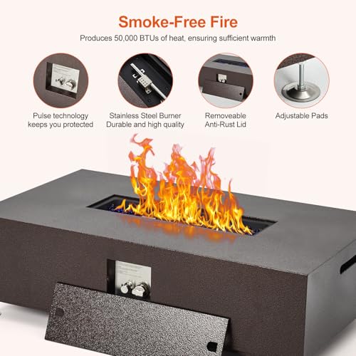 48" Outdoor Fire Table, 48 inch Rectangle Propane Gas Fire Pit Table, 50,000 BTU Modern Firepit with 16 inch Tank Cover Side Table, Wind Guard, Fire Glass, Rain Cover, Antique Bronze