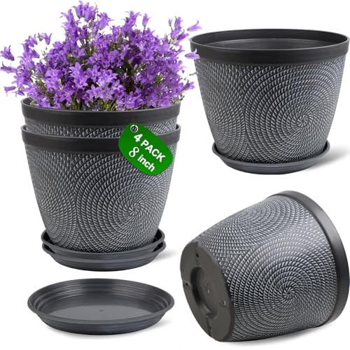 Image of Quarut 4 Pack 8 Inch Flower Pots,Plastic Plant Pots with Drainage Hole&Tray