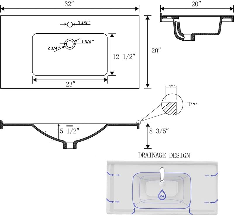 Miniatura 3 de Tocador de baño de 32 pulgadas montado en la pared, tocador de baño con fregadero de cerámica, tocador de baño moderno con 2 cajones de cierre