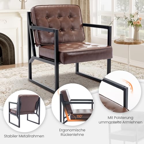 COLAMY Ohrensessel Sessel Wohnzimmer, Leder Accent Chair, Mid Century Modern Kunstleder Empfangssessel mit Metallbeinen für Wohnzimmer Schlafzimmer Empfangsraum Wartezimmer, Braun