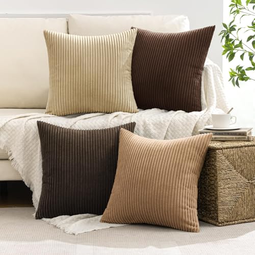 Image of MIULEE Boho Farmhouse Throw Pillow Covers 18x18 Inch Set of 4 Rustic Mordern Neutral Cushion Covers Soft Corduroy Nordic Fall Home Decor for Couch Bed Sofa Living Room Dark Brown