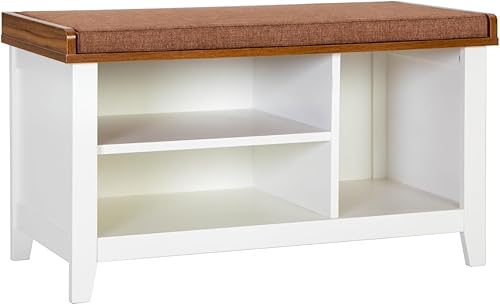 Miniatura 26 de MFSTUDIO Banco de almacenamiento de zapatos, banco de zapatos con armario de puerta de granero, 9 compartimentos abiertos, cojín de asiento,