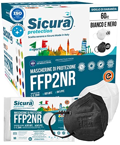60 mascarillas FFP2 Blancas y negras (30+30) certificación CE Made in Italy BFE ≥99% Mascarilla sanitizada y sellada individualmente. EN 149:2001+A1:2009