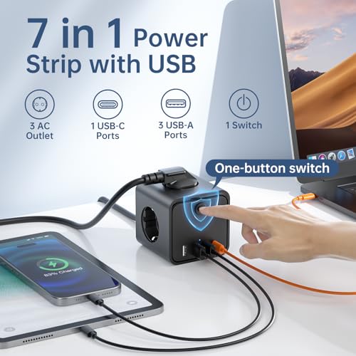 Miniatura 2 de Regleta Enchufes, 7 En 1 Enchufes Con Usb De Pared 3 Tomas, Con Interruptor Cable 2m Regleta Con Usb Ideal Para Sala De Estar Oficina Dormitorio