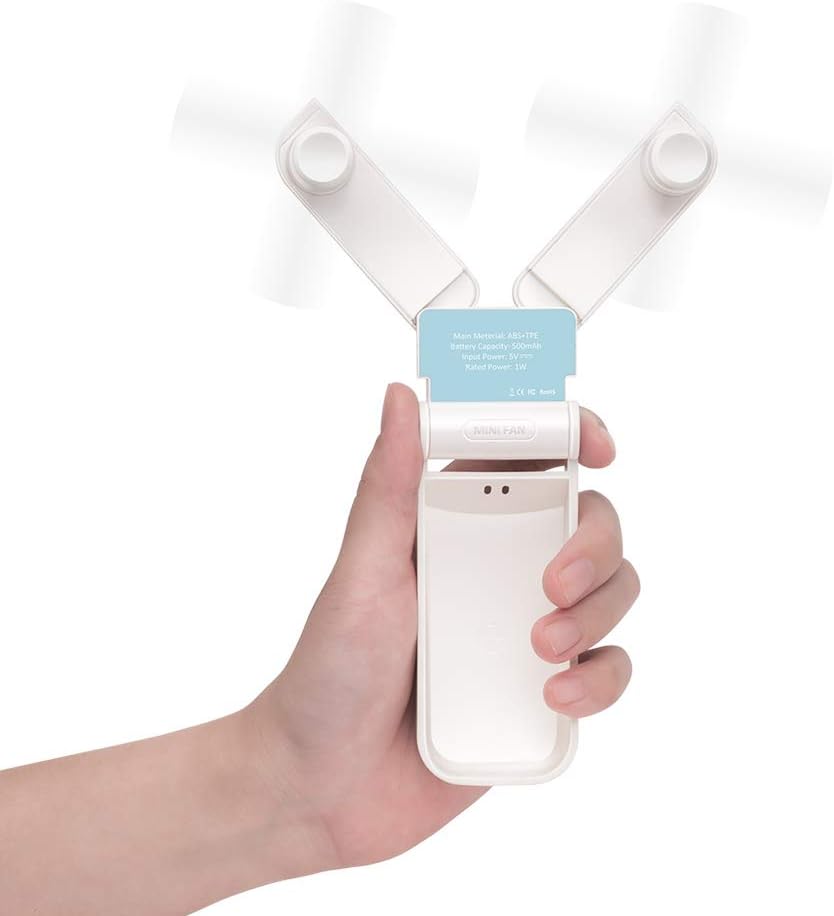 Portable Handheld USB Fan Rechargeable for Desk Table Adjustable Dual Head Fan USB Mini Folding Travel USB Fan Battery Operated Personal Fans for Outdoor Camping Sleeping Laptop Office Room (White)