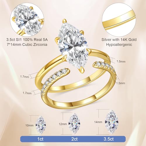 3.5CT Marquise Cut Engagement Ring Set for Women, Wedding Promise Cubic Zirconia Band, 14K Gold/White Gold Plated Stackable Adjustable Bridal Half Eternity Open Rings, Size 5-93